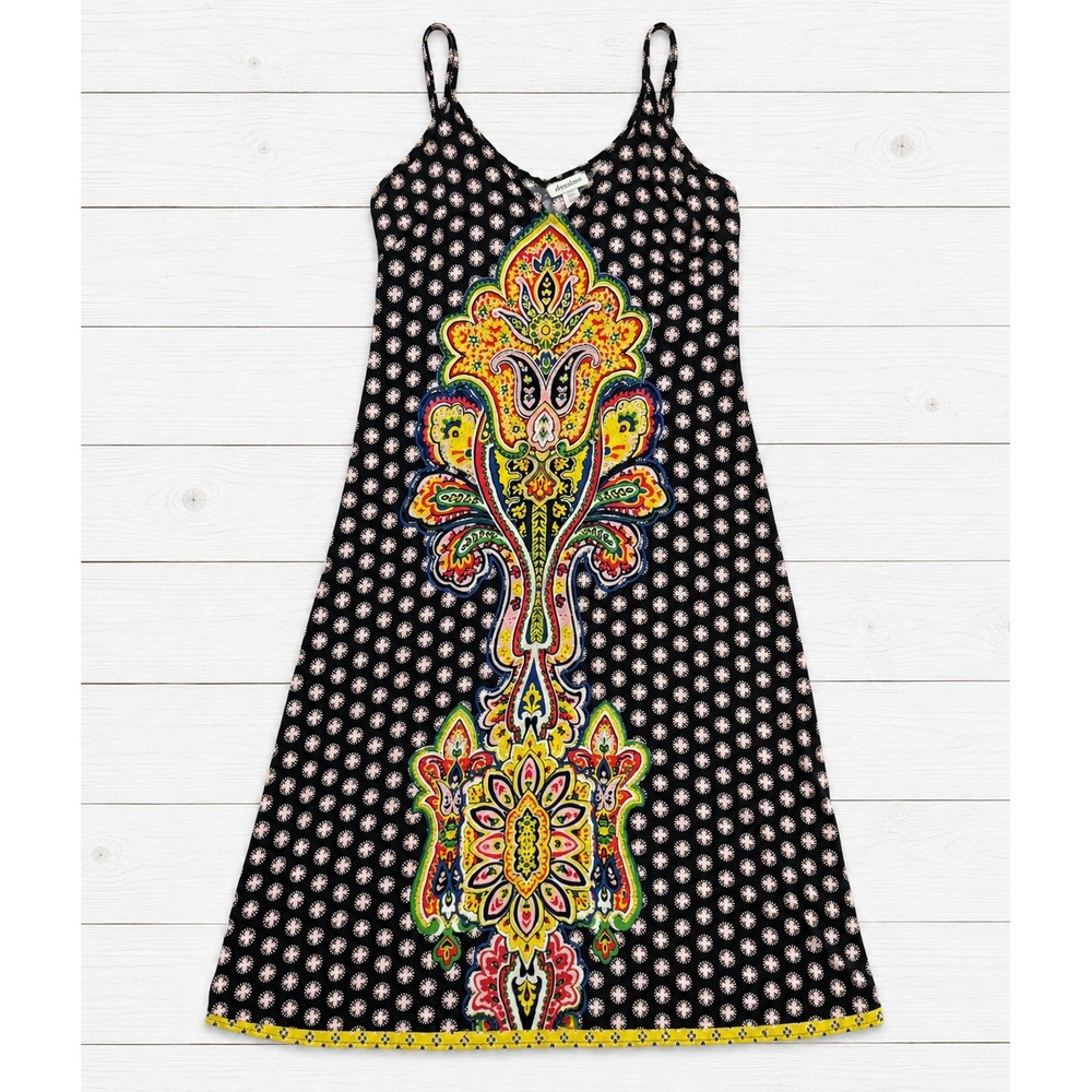 Magic Paisley Medallion Spaghetti Strap Smocked Back Rayon Dress Black Large